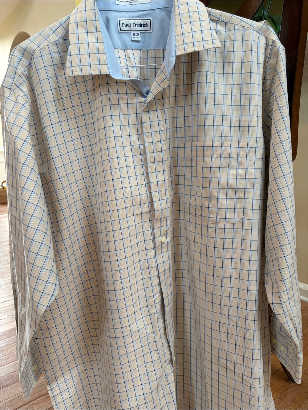 Paul Fredrick Cream Dress Shirt with Blue Windowpane Check